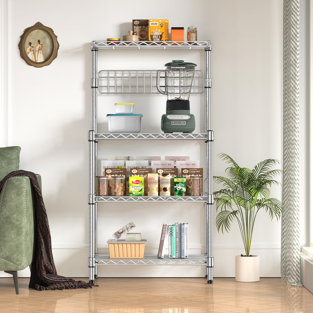 Leteuke Bakers Rack for Kitchen with Storage, NSF Certified 4-Tier Adjustable Coffee Bar with Wheels 10 S-Hooks Microwave Stand Kitchen Storage Shelf Metal Storage Rack 30 x 14 x 59 Inches, Chrome Leteuke