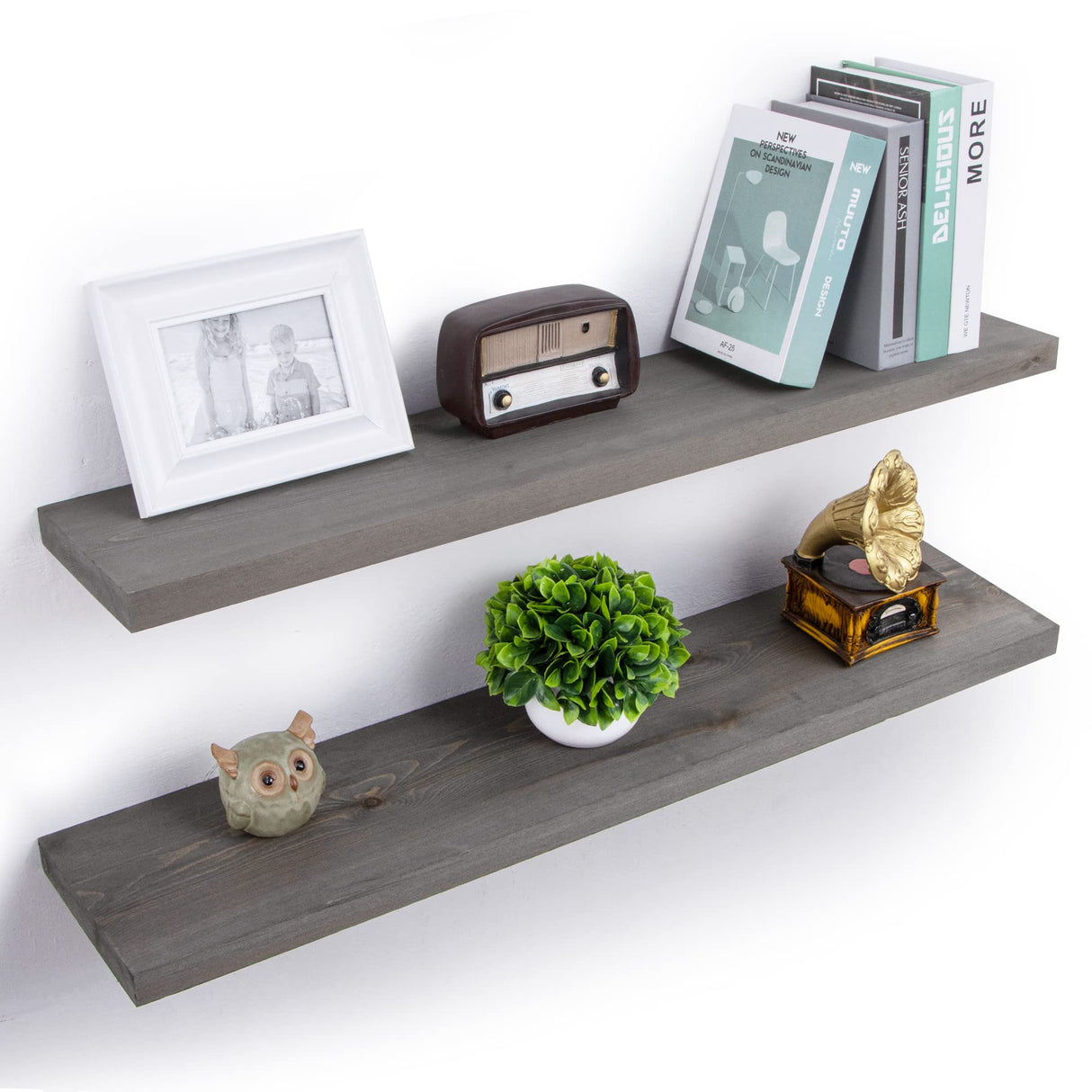 Axeman 2 Pack Rustic Floating Shelves, Distressed Grey Wood Floating Shelves for Wall 24 Inches Long, 8 Inch Deep Farmhouse Shelves for Living Room Bedroom Laundry Room Garage Farmhouse - Grey Wash Axeman