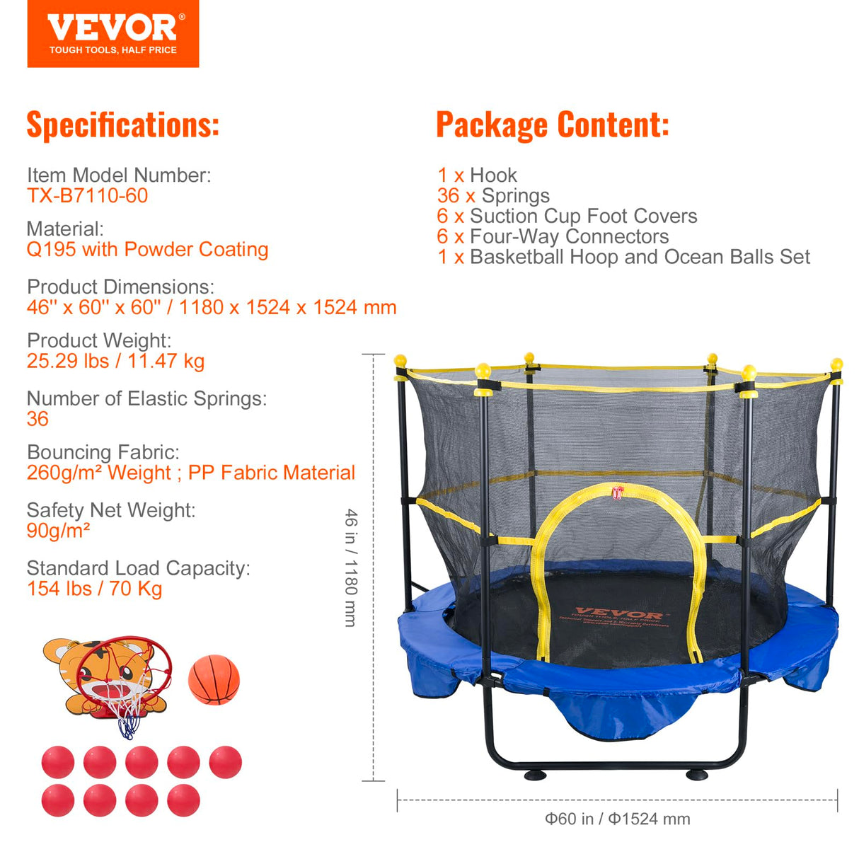 VEVOR 5FT Trampoline for Kids, 60" Indoor Outdoor Trampolines with Safety Enclosure Net, Basketball Hoop and Ocean Balls, Mini Toddler Recreational Birthday Gifts for 3+ Years Kids VEVOR