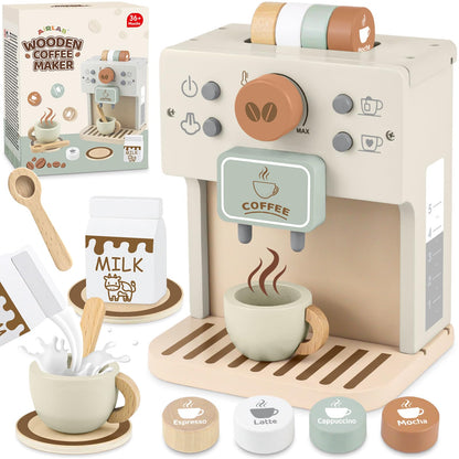 Airlab Toy Coffee Maker for Kids Wooden Kitchen Accessories Pretend Play Toddler Coffee Playset for Girls Boys Ages 3 4 5 Years Birthday Gifts