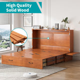 BALUS Queen Murphy Bed, Cabinet Bed with Built-in USB Ports & 2Storage Drawers, Space-Saving Modern Murphy Beds Cabinet Guest Beds with Tri-fold Mattress for Office, Easily Convertible - Cherry BALUS