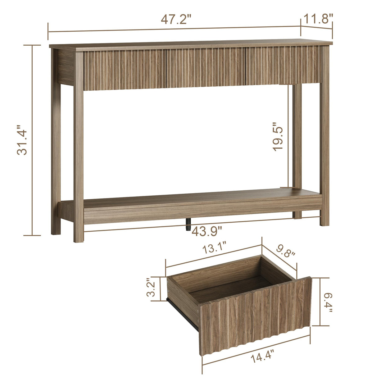 Treocho 47" Console Table with Drawers, Fluted Narrow Entryway Table with Open Shelf, Farmhouse Sofa Table Behind Couch for Hallway, Living Room, Brown Walnut Treocho