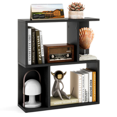 Giantex 3-Tier S-Shaped Bookshelf, Modern Geometric Bookcase, Freestanding Display Shelf for Small Space, Versatile Side Table, Wooden Storage Organizer for Home Office, Living Room (1,Black) Giantex