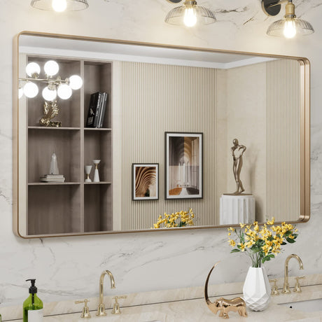 LOAAO 55”X30” Gold Bathroom Mirror, Rounded Rectangle Gold Frame Mirror, Brushed Gold Bathroom Vanity Mirror Wall-Mounted, Anti-Rust, Tempered Glass, Hangs Horizontally or Vertically LOAAO
