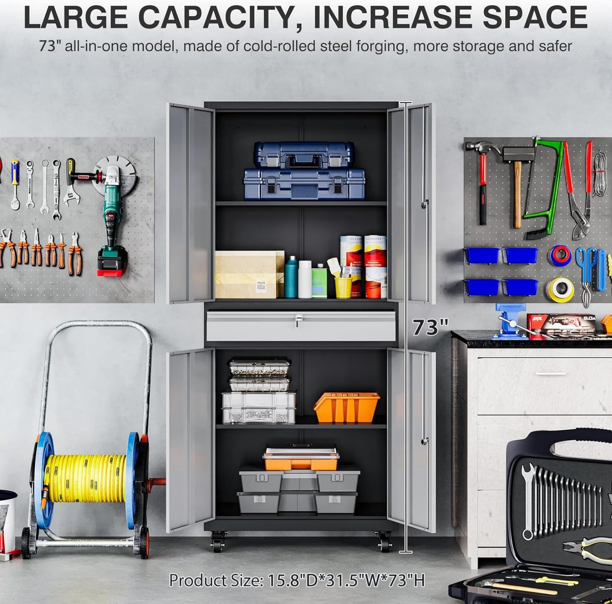 Metal Garage Storage Cabinet with 4 Wheels and 1 Drawer,Gray Rolling Garage Cabinet with Locking Doors and Adjustable Shelves,73" Mobile Tall Large Metal Storage Cabinet for Home,Office,Garage,Shop SISESOL