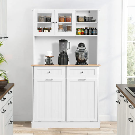 YOCONYO Double Tilt Out Trash Cabinet Storage Cabinet 20 Gallon with Two Solid Wood Hideaway Trash Holder Drawers, Dual Wooden Free Standing Recycling Cabinets Trash Can Bin Kitchen (white) YOCONYO