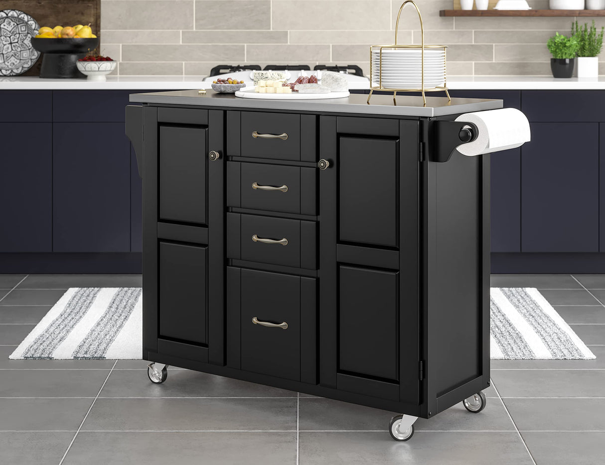 Home Styles Large Mobile Create-a-Cart Black Finish Two Door Cabinet Kitchen Cart with Stainless Steel Top, Adjustable Shelving, Four Large Utility Drawers homestyles