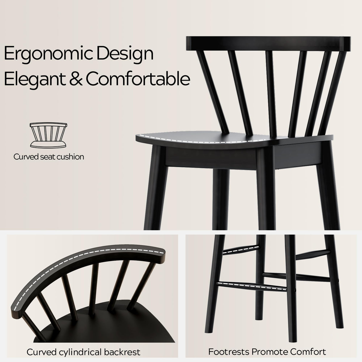 EYYTHUNG Wood Bar Stools Set of 3, 24" Barstool Farmhouse Counter Stools with Curved Back for Dining Room, Black EYYTHUNG