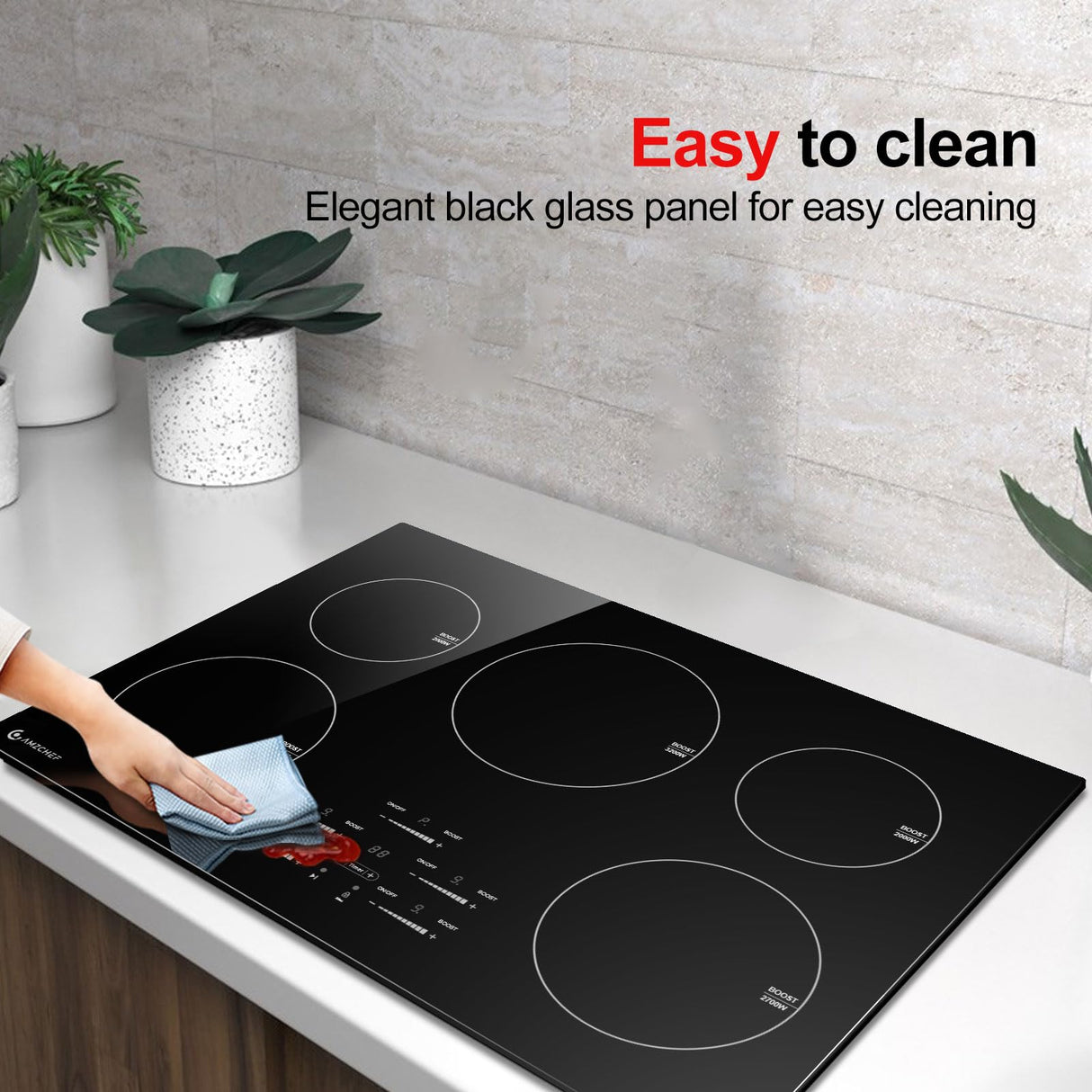 30 Inch10600W Induction Cooktop,AMZCHEF 9 Levels Electric Cooktop with 5 BOOST Burners,Bulid-in Induction Cooktop Control by Slide Touchscreen,Child Safety Lock,Independent Timer,No plug,240V amzchef