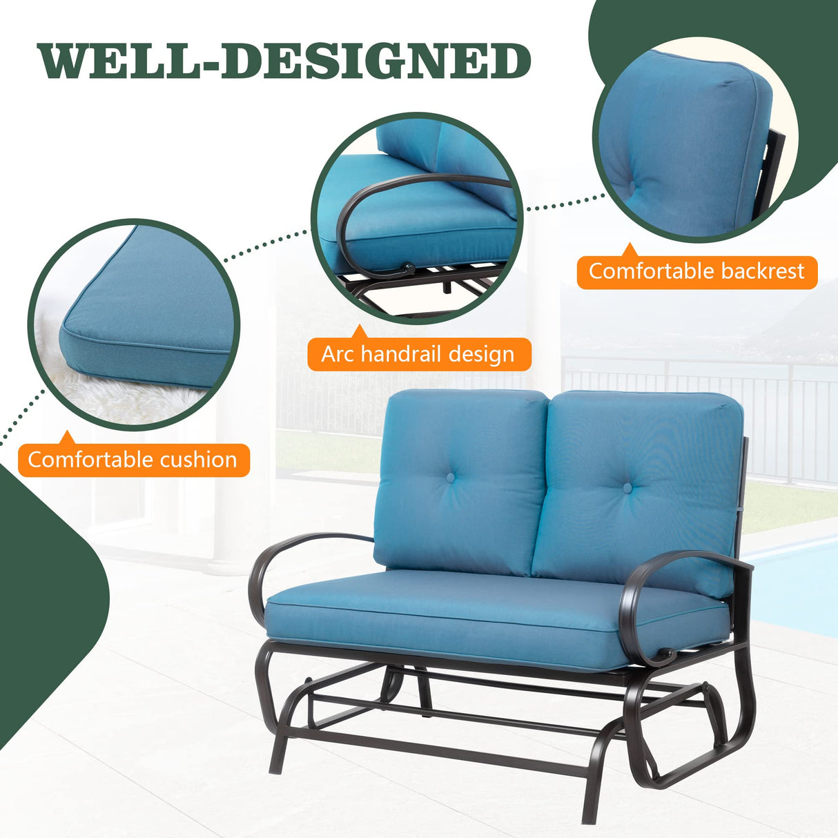 Shintenchi Metal Outdoor Patio Swing Glider Bench, Loveseat Rocking Chair, Wrought Iron Patio Furniture Steel Frame Glider Chair with Cushion for Porch, Balcony, Garden(Blue) Shintenchi