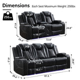 Power Recliner Sofa Set with Bass Speaker for Living Room,Faux Leather 3 Seater Reclining Sofa and Loveseat Seating Couch w/ Wireless Charger,Reading Light,LED Lights,Home Theater Love seat Sets,Black Comfort Stretch
