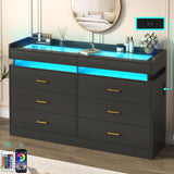 Hlivelood 59''W Long Wooden 8 Drawer Dresser for Bedroom with Glass Tabletop,Modern Wide 6 Chest of Drawers & 2 Jewelry Drawers,LED Light,Charging Station,Tall Storage Dresser for Bedroom,Black Hlivelood