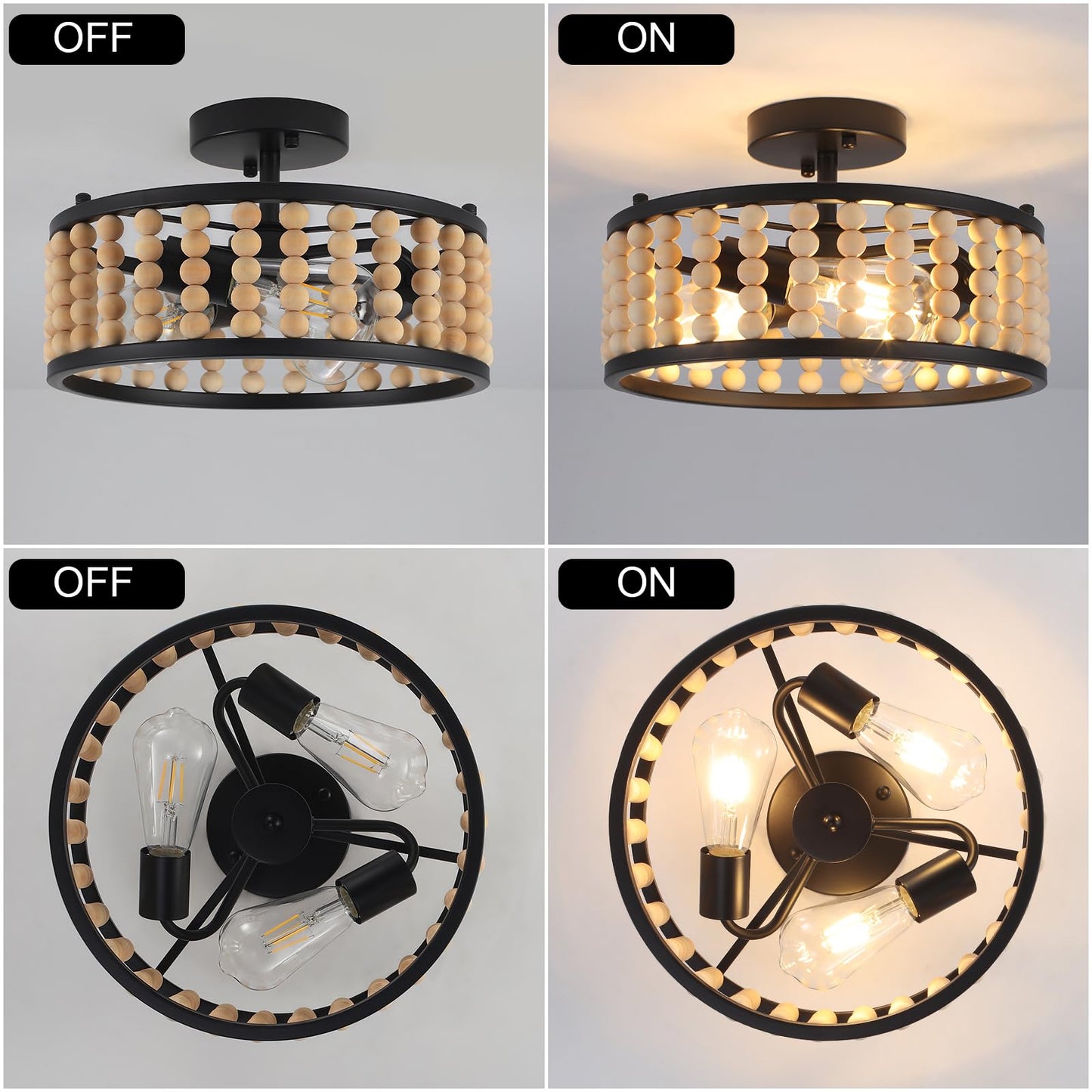 Luupyia Wood Bead Ceiling Light 3Lights, 12.79Inches Vintage Boho Ceiling Light Fixture Small Chandeliers Semi Flush Mount Mid Century Retro Overhead Lighting for Bedroom Foyer Hallway, E26