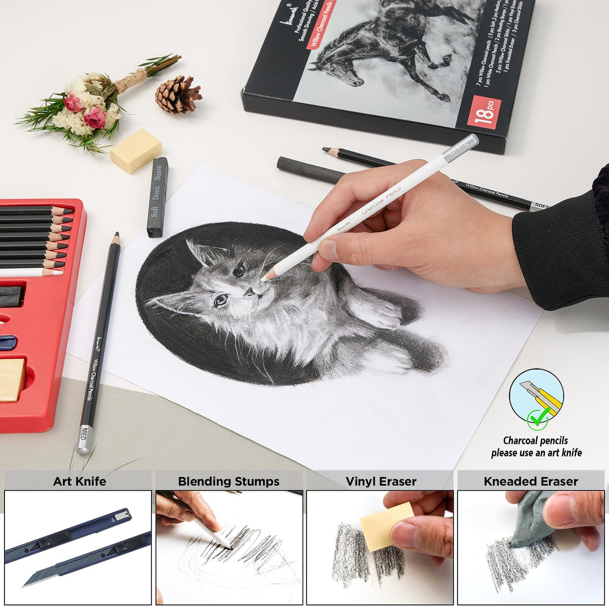 Brusarth Charcoal Pencils for Drawing, 18 Pcs Art Pencil Kit, Professional Sketching Pencil, Art Supplies for Drawing, Shading, Sketching, Blending, Artist Pencils for Beginners & Artists Brusarth