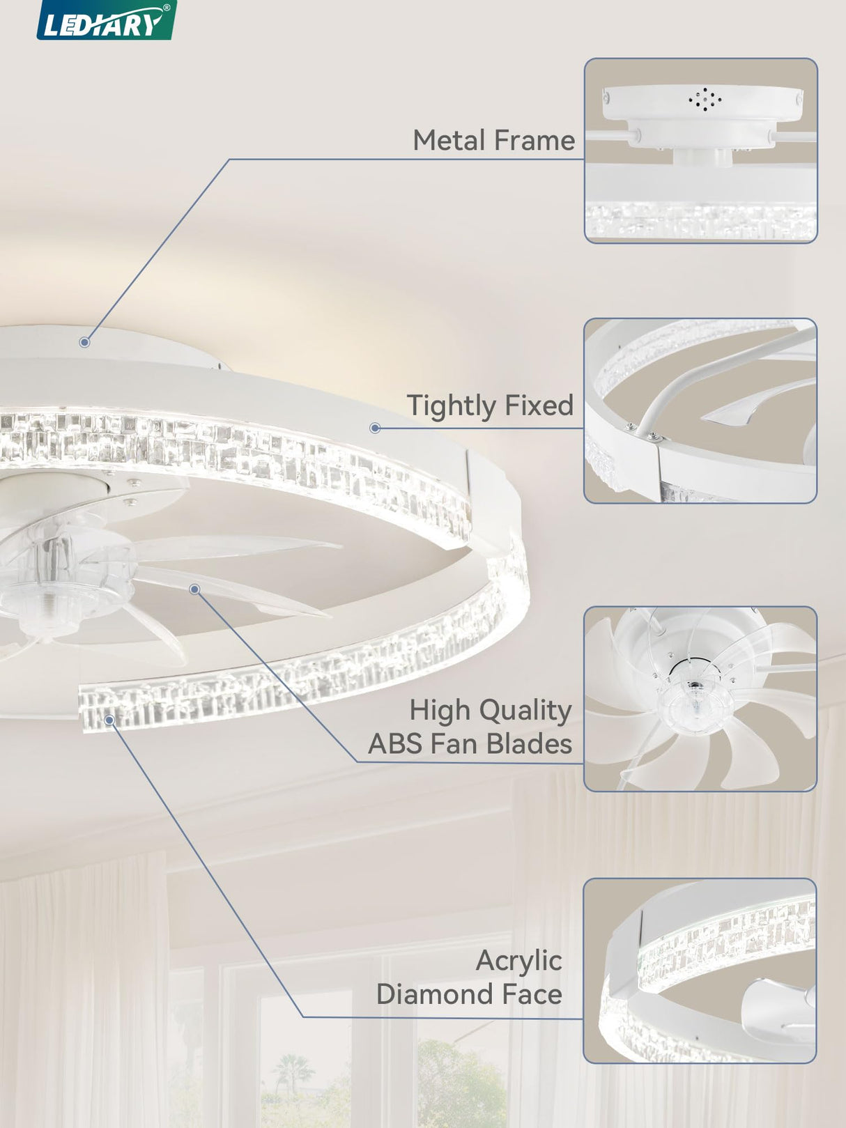 LEDIARY Flush Mount Ceiling Fan with Lights and Remote, 19.7'' Low Profile, 3000-6000K Dimmable Fandelier, 6 Wind Speeds, White Modern LED Fan Light for Bedroom LEDIARY