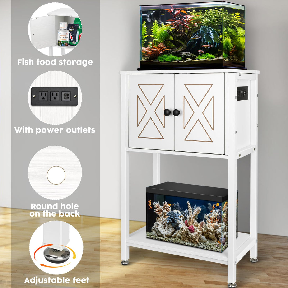 BEURUKU 5-10 Gallon Fish Tank Stand, Heavy Duty Aquarium Stand with Cabinet & Power Outlets for Fish Tank Accessories Storage, Double Reptile Terrarium Stand 20.5" L* 11" W Tabletop, White BEURUKU