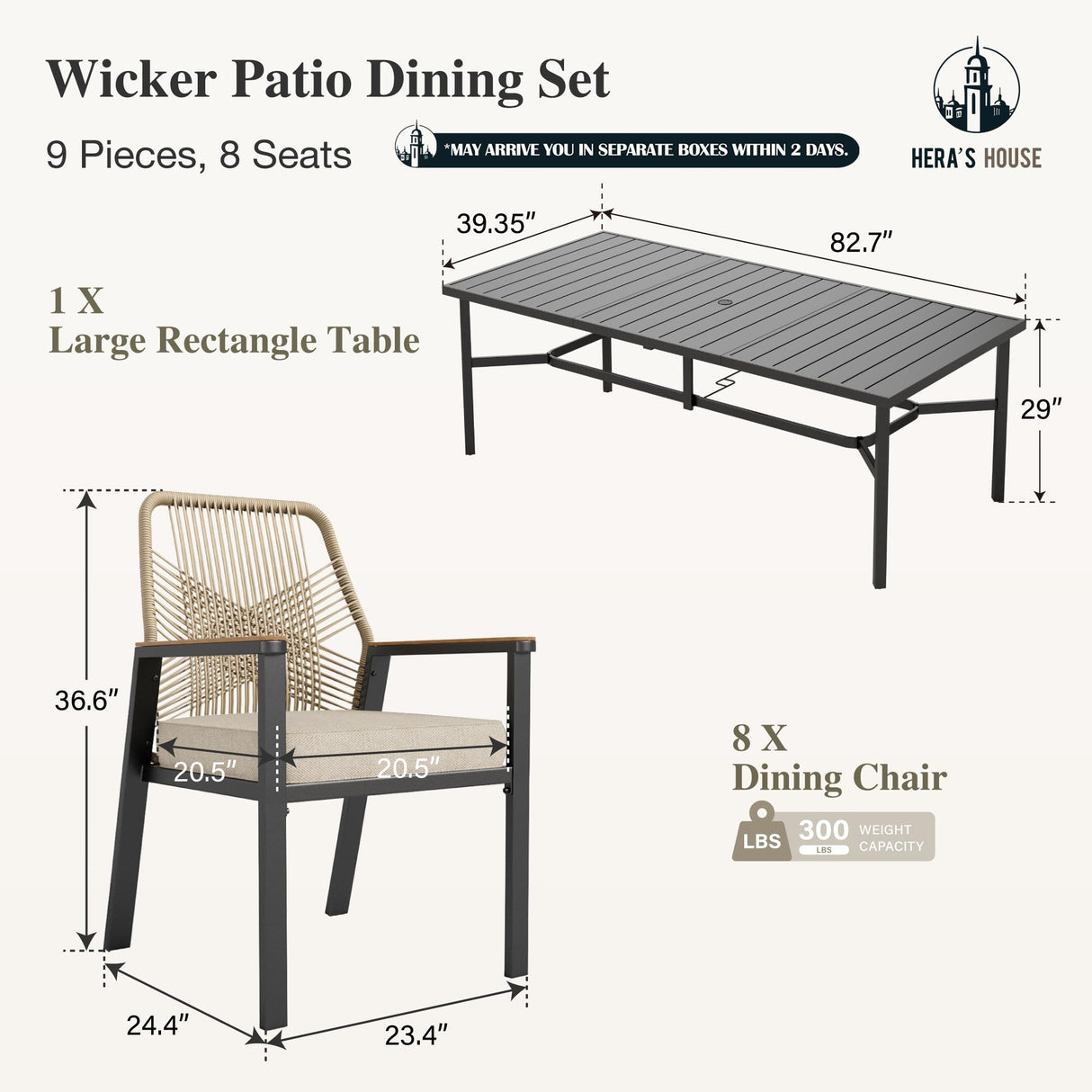 HERA'S HOUSE 9 Pieces Outdoor Dining Set, Patio Table and Chairs for 8, 8 x Cushioned Rattan Patio Chairs and 1 x 83 Large Rectangle Dining Table, Outdoor Dining Table Set for Lawn Garden HERA'S HOUSE