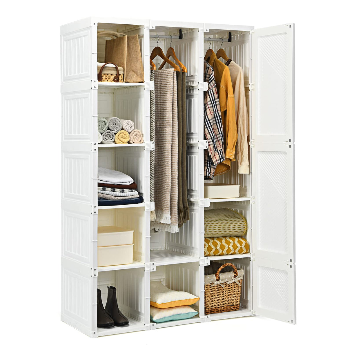 Tangkula Portable Closet Wardrobe, Foldable Clothes Organizer with Cubby Storage, Hanging Rods, Easy Assemble Clothing Storage with Magnet Doors, Folding Bedroom Armoire (10 Cubbies & 2 Rods) Tangkula