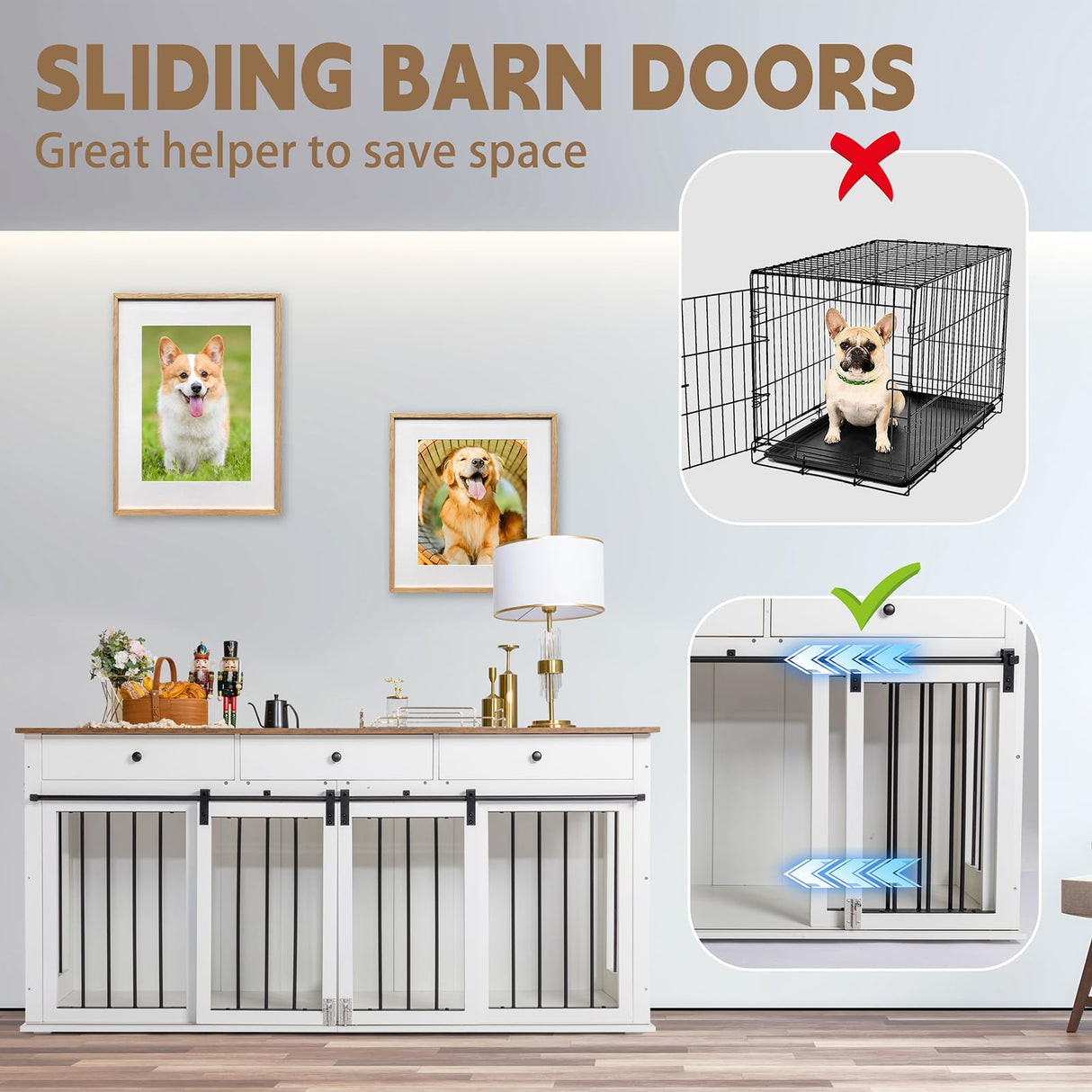 Sunseen Dog Crate Furniture Large Breed Wooden Dog Kennel with Room Divider & 3 Drawer,Double Doors Heavy Duty Dog Crate End Table Indoor TV Stand for Small Medium Large Dog,72''W*24''D*35''H,White sunseen