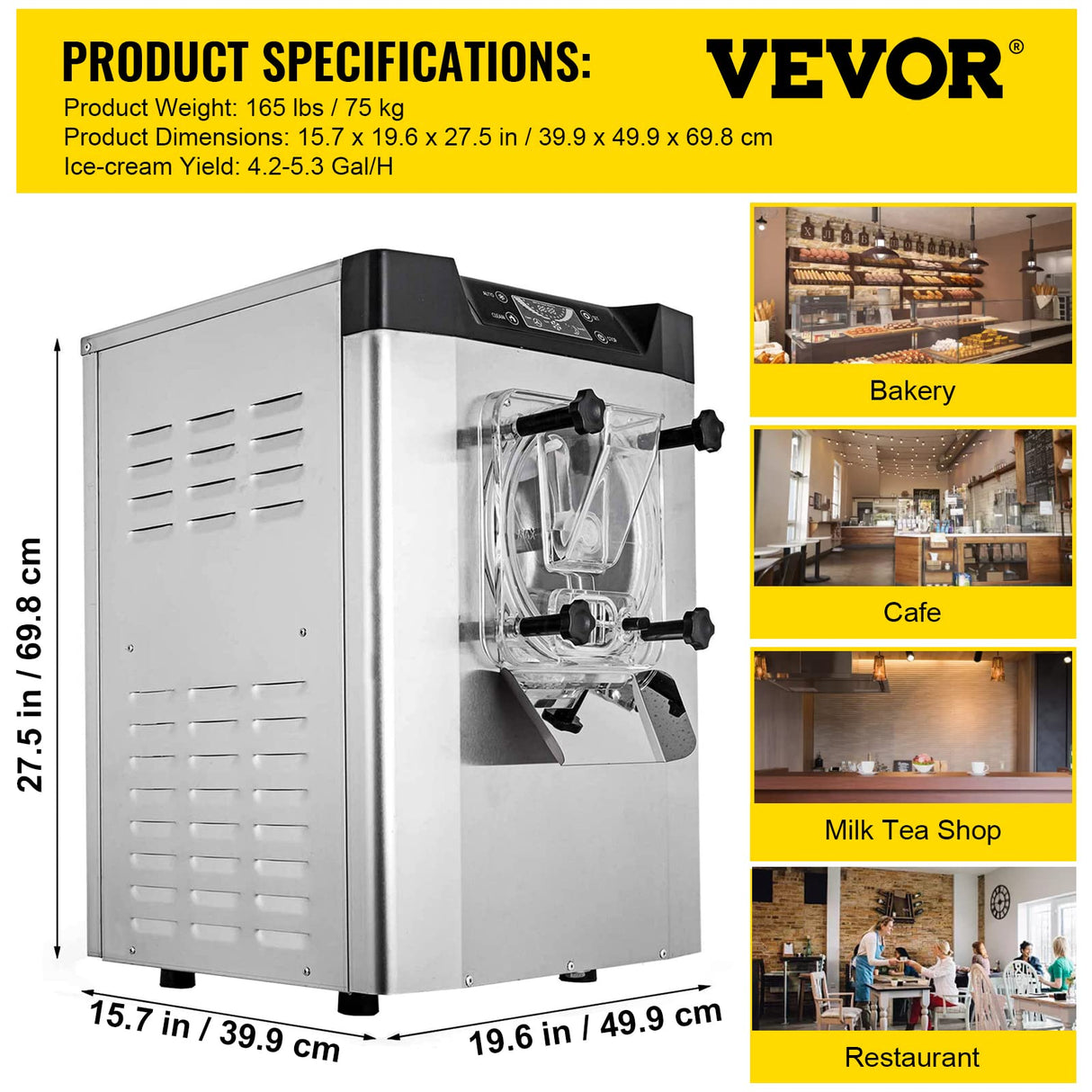 VEVOR Commercial Ice Cream Machine 1400W 20/5.3 Gph Hard Serve Ice Cream Maker with LED Display Screen Auto Shut-Off Timer One Flavors Perfect for Restaurants Snack bar Supermarkets VEVOR