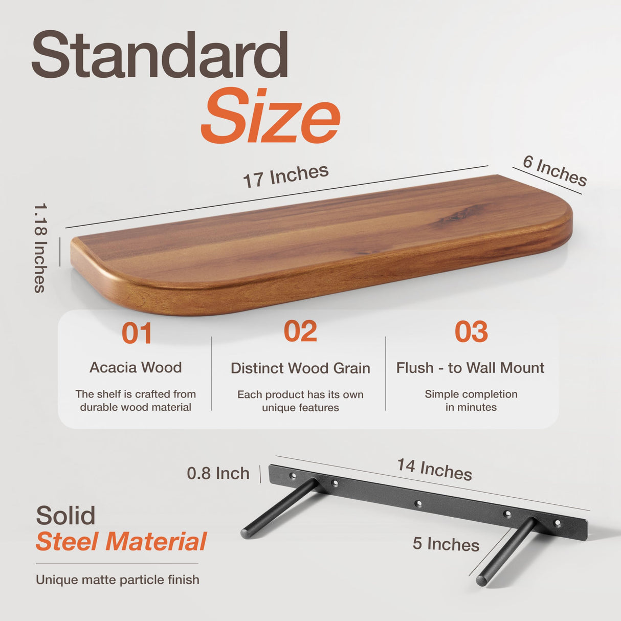 BATODA 17" Acacia Wood Floating Shelves Wall Mounted (Round Edge) – Rustic Farmhouse Wooden Wall Storage Shelf for Bedroom, Kitchen - Brackets and Shelving Hardware Included (Acacia, 17 Inch Length) BATODA