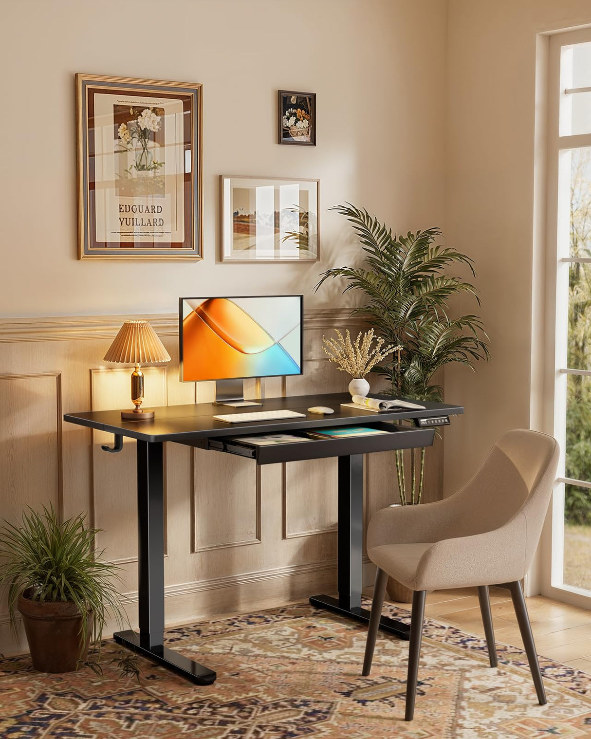 ErGear Standing Desk with Drawer, 48 x 24 inch Electric Height Adjustable Desk with 4 Preset Heights & 2 Storage Hooks, Sit Stand Desk Computer Desk with Drawer for Home & Office, Black EGESD80B ErGear