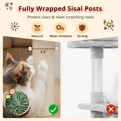 Tangkula Modern Wood Cat Tree, 67 Inch Multi-Level Tall Cat Tree Tower with Scratching Sisal Posts, Top Perch, Cute Cat Condo, Washable Cushions, Large Cat Trees and Towers for Indoor Cats (Natural)