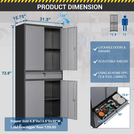 Fesbos 73" Metal Cabinet-Black&Gray Heavy Duty Rolling Storage Cabinet Steel Tool Cabinets with Wheels, Shelves, Lockable Doors and Drawers- for Garage, Pantry, Warehouse - Assembly Required Fesbos