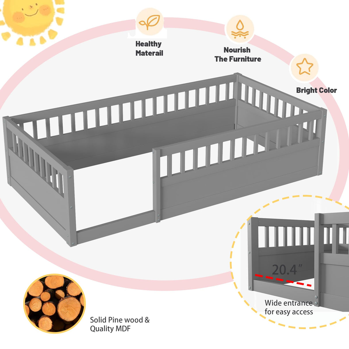 Floor Bed for Kids, Twin Size Montessori Bed with High Fence Railings, Wood Playhouse Bed with Rails for Baby Boys Girls Teens, No Slats Included, Gray Mirightone