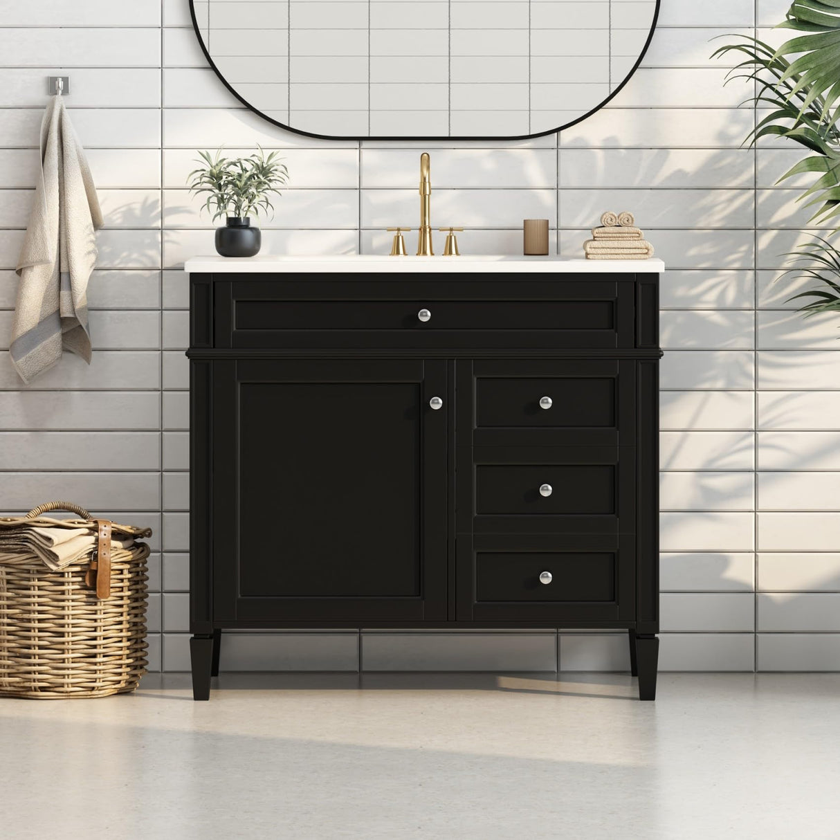 Merax 36'' Bathroom Vanity with Top Single Resin Sink Countertop, Solid Wood Frame Modern Storage Cabinet, Tip-Out Drawer, Soft Closing Doors, Black Merax