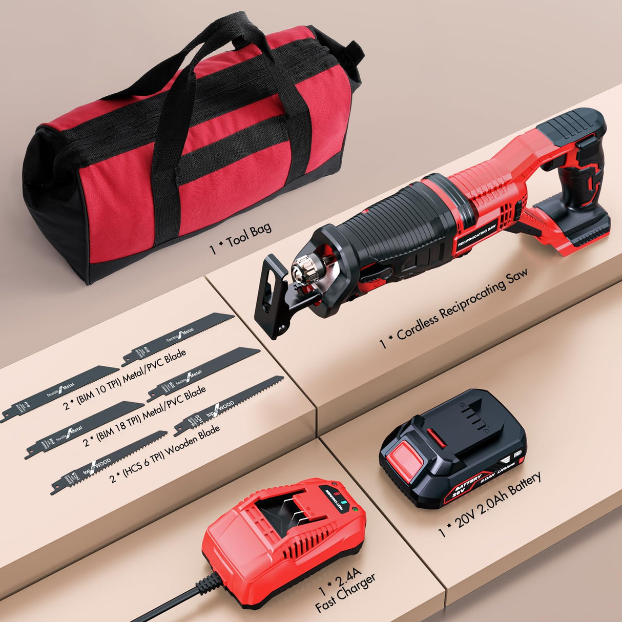 Reciprocating Saw Cordless, 20V Power Reciprocating Saw with Battery and Charger, 3000SPM Compact Reciprocating Saw with 6 Tool-Free Blades for Wood & Metal Cutting (1PC Battery) Vistreck