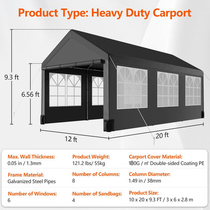 12 * 20 Heavy Duty Carport Canopy, PioneerWorks Portable Car Tent Garage with 6 Roll-up Windows and All-Season Tarp Cover, Metal Roof & 4 Sandbags for Car, SUV, Truck & Boat, Black