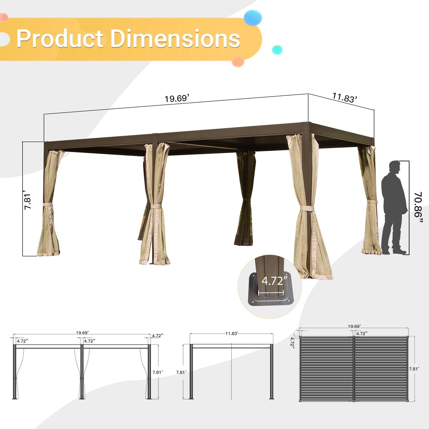 Domi 12x20FT Louvered Pergola, Aluminum Outdoor Pergola, Patio Pergola with Adjustable Roof, Metal Pergola Gazebo with Mosquito Netting for Patio, Backyard, Deck, Garden, Lawns, Gray