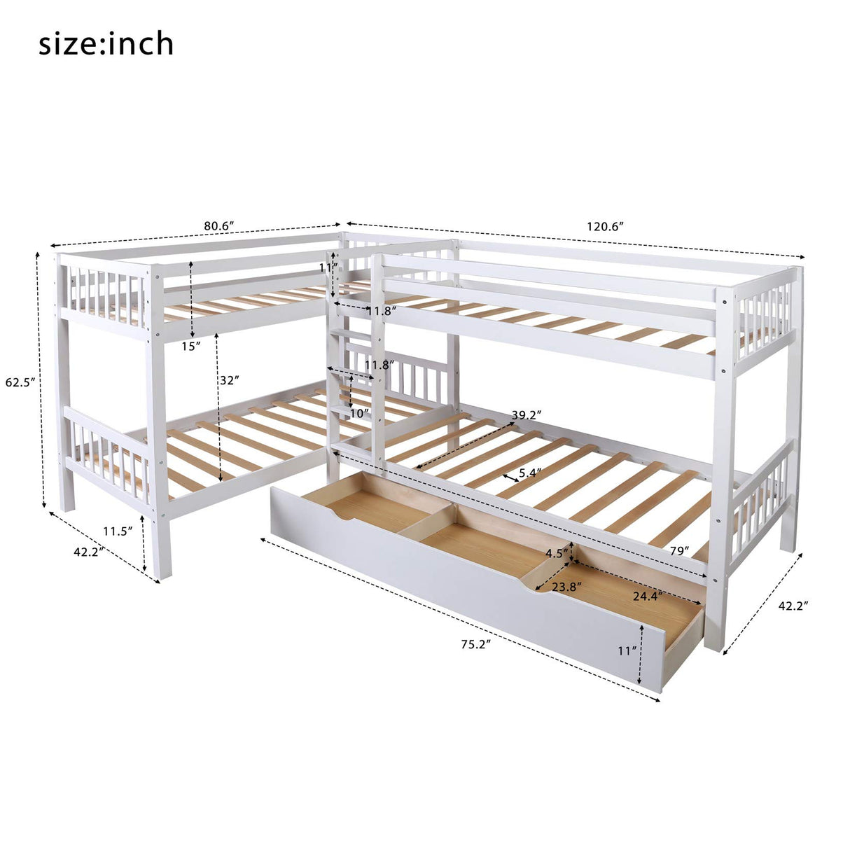 L-Shaped Bunk Bed with Drawers, Bunk Bed for 4 Twin Over Twin for Kids/Teen Wood Quad Bunk Beds Frame, White Bellemave