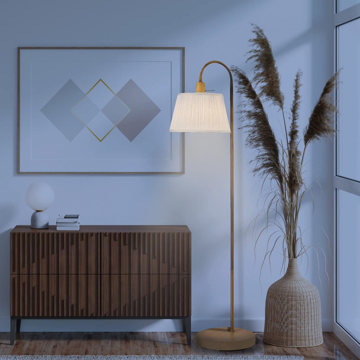 Globe Electric 65907 68" Floor Lamp, Light Faux Wood, White Pattern Shade, On/Off Rotary Switch on Socket Globe Electric