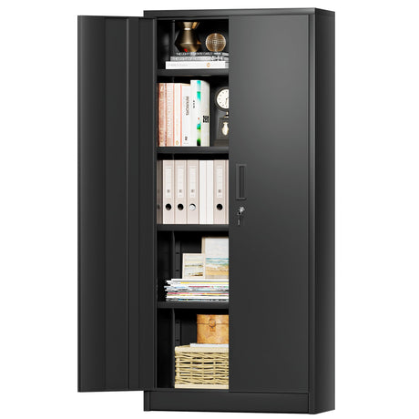 JUMMICO Metal Storage Cabinet with 2 Locking Doors and 4 Adjustable Shelves, 71" Tall Freestanding Utility Steel Storage Cabinet for Home Office, Pantry, Garage (Black, 16 x 32) JUMMICO