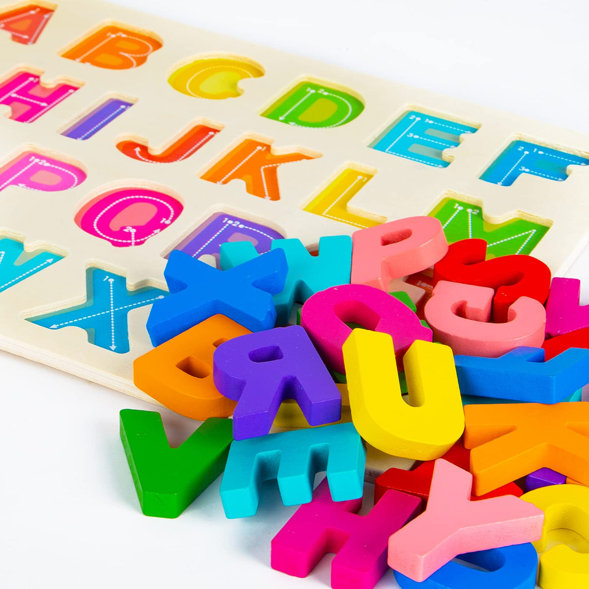 Alphabet Puzzle Wooden Puzzles for Toddlers 3 4 5 Year Old, ABC Puzzle Shape Alphabet Learning Puzzles Toys with Puzzle Board & Letter Blocks, Preschool Educational for Girls Boys Attmu