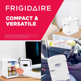 Frigidaire EFMIS129-WHITE White Mini Personal Fridge Cooler, 1 Gal Capacity fits Six Cans, Includes Plugs for Home Outlet & DC Charger-9.84" D x 7.09" W x 10.35" H, standard Frigidaire