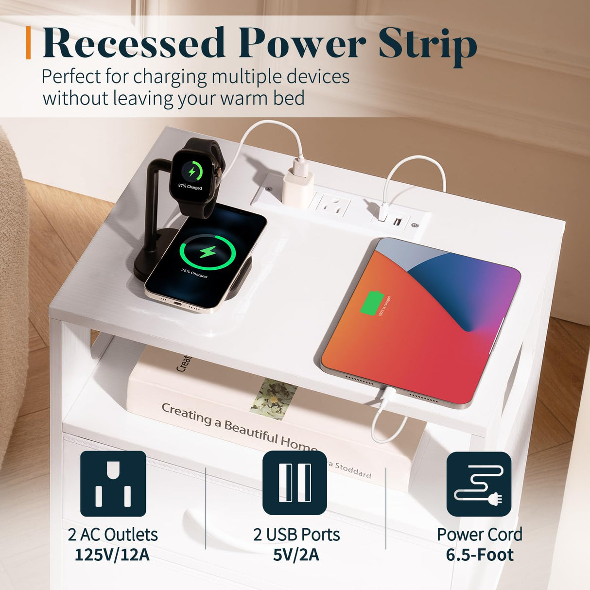 Yoobure LED Night Stand with Charger Station, Mid Century Modern Nightstand with Fabric Drawers, Bedside Table Nightstands with Storage Shelf, Bed Side Table Small Night Stands for Bedroom Living Room Yoobure