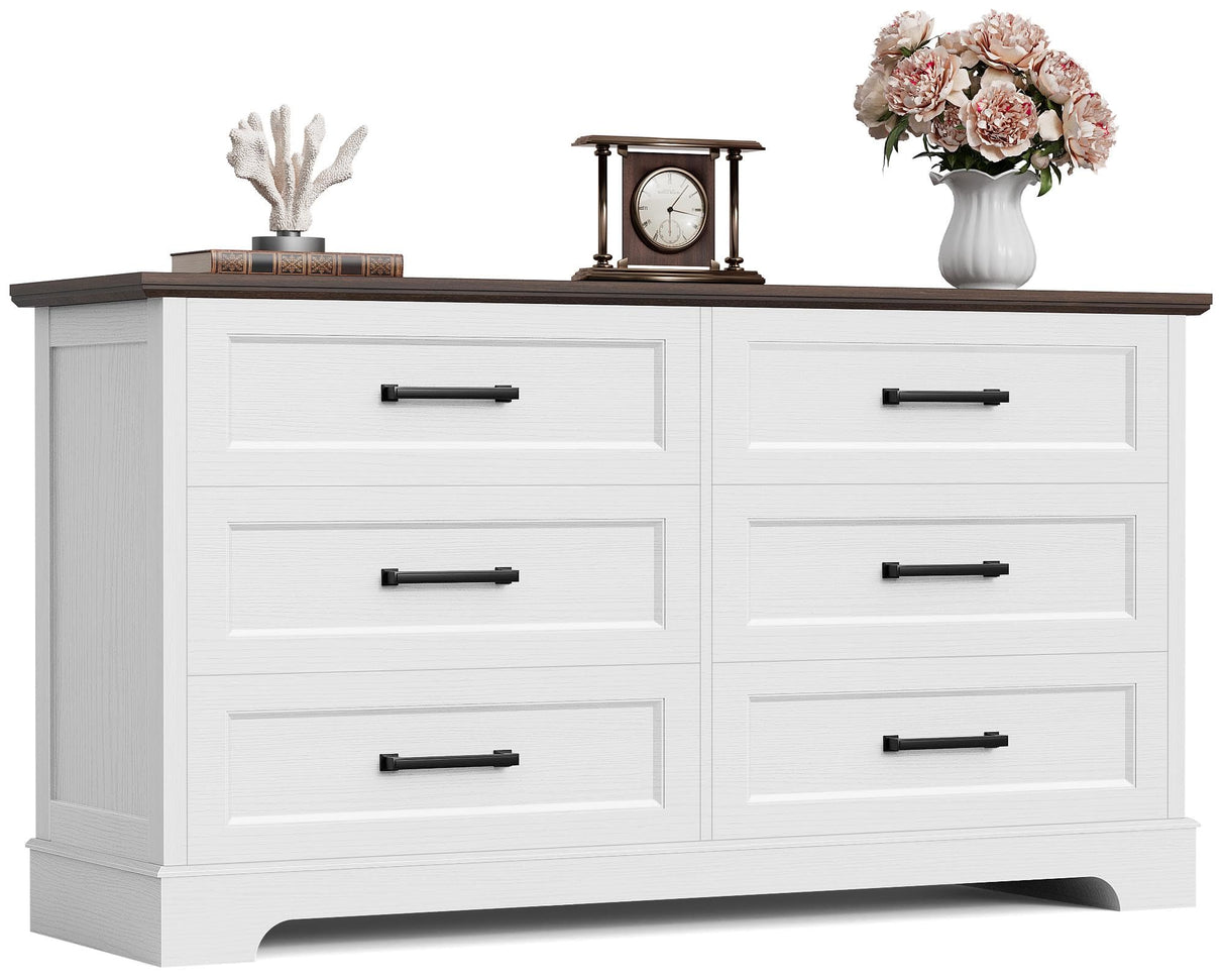 Furmax Farmhouse Dresser for Bedroom, 6 Drawers Dresser, Wood Chest of Drawers, 52" Wide Storage Dressers Organizer for Bedroom, Living Room, White and Brown Furmax
