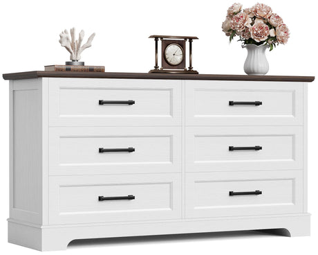 Furmax Farmhouse Dresser for Bedroom, 6 Drawers Dresser, Wood Chest of Drawers, 52" Wide Storage Dressers Organizer for Bedroom, Living Room, White and Brown Furmax