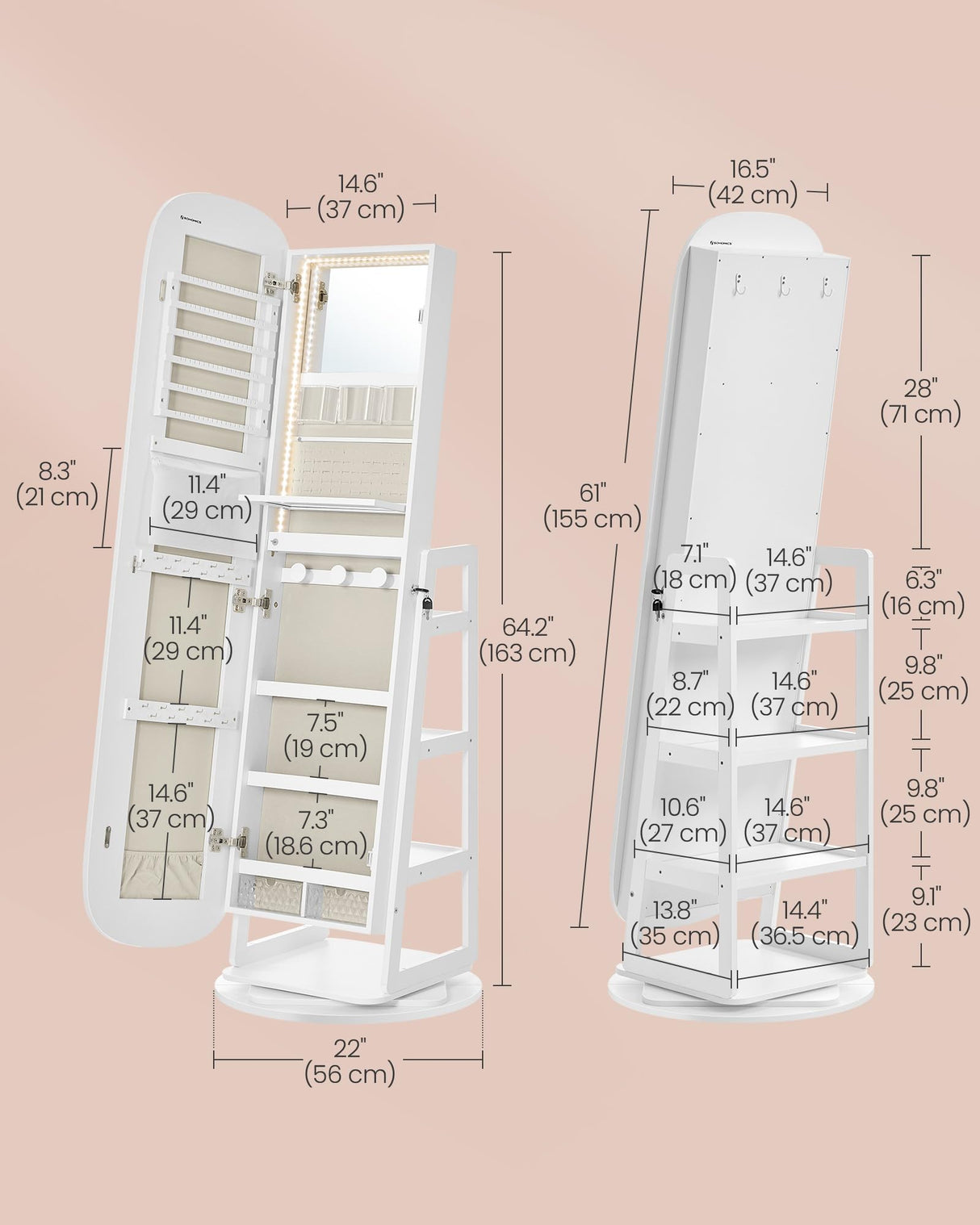 SONGMICS LED Jewelry Cabinet, 360° Swivel Jewelry Organizer, Lockable Mirror Jewelry Cabinet Standing, Rounded Wide Full-Length Mirror with Storage Shelves, Interior Mirror, Cloud White UJJC036W01 SONGMICS