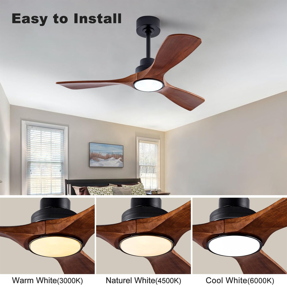 QUTWOB 42" Wood Ceiling Fan with Lights Remote Control,Quiet DC Motor 3 Blade Ceiling Fans for Patio Living Room, Bedroom, Office,Indoor Outdoor(Black+Dark Walnut) QUTWOB