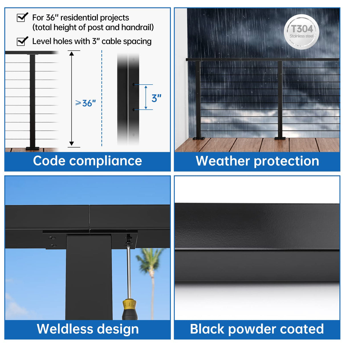 Muzata Black Cable Railing Post 36 Inch 36"x2"x2" Level Drilled Surface Mount T304 Stainless Steel Cable Railing System Kit Indoor Outdoor with Paper User Guide PS02 BH4S Muzata
