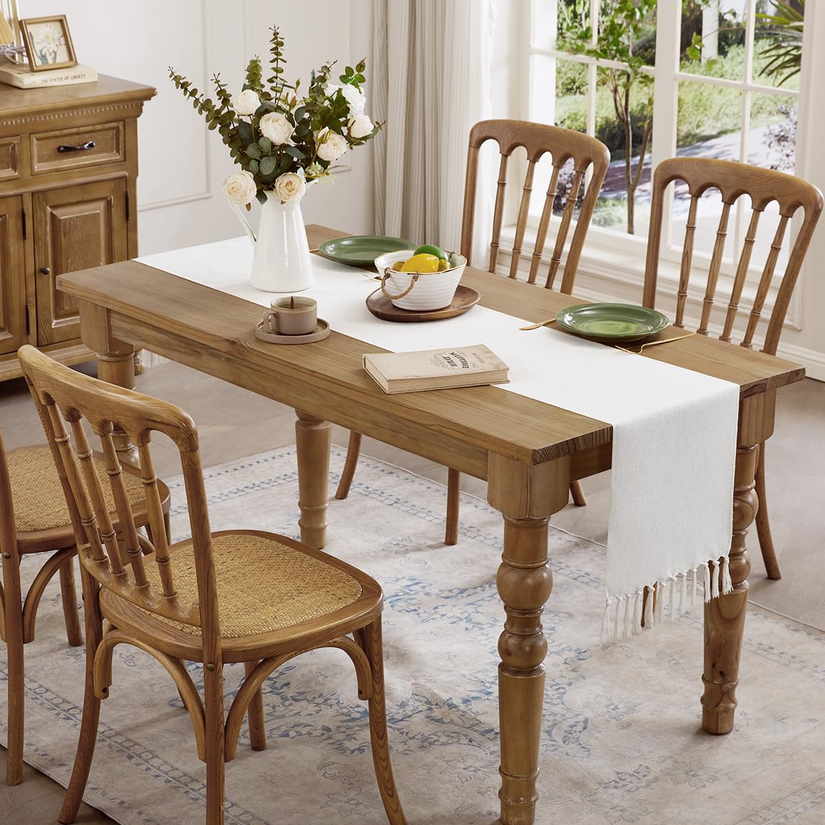 Aoztio Linen Style Rustic Table Runner, Farmhouse Cotton Linen Table Runner, Boho Table Runners 72 Inches Long with Hand Tassels for Home Tabletop Decor and Everyday Use - Off White, 72 Inch Aoztio