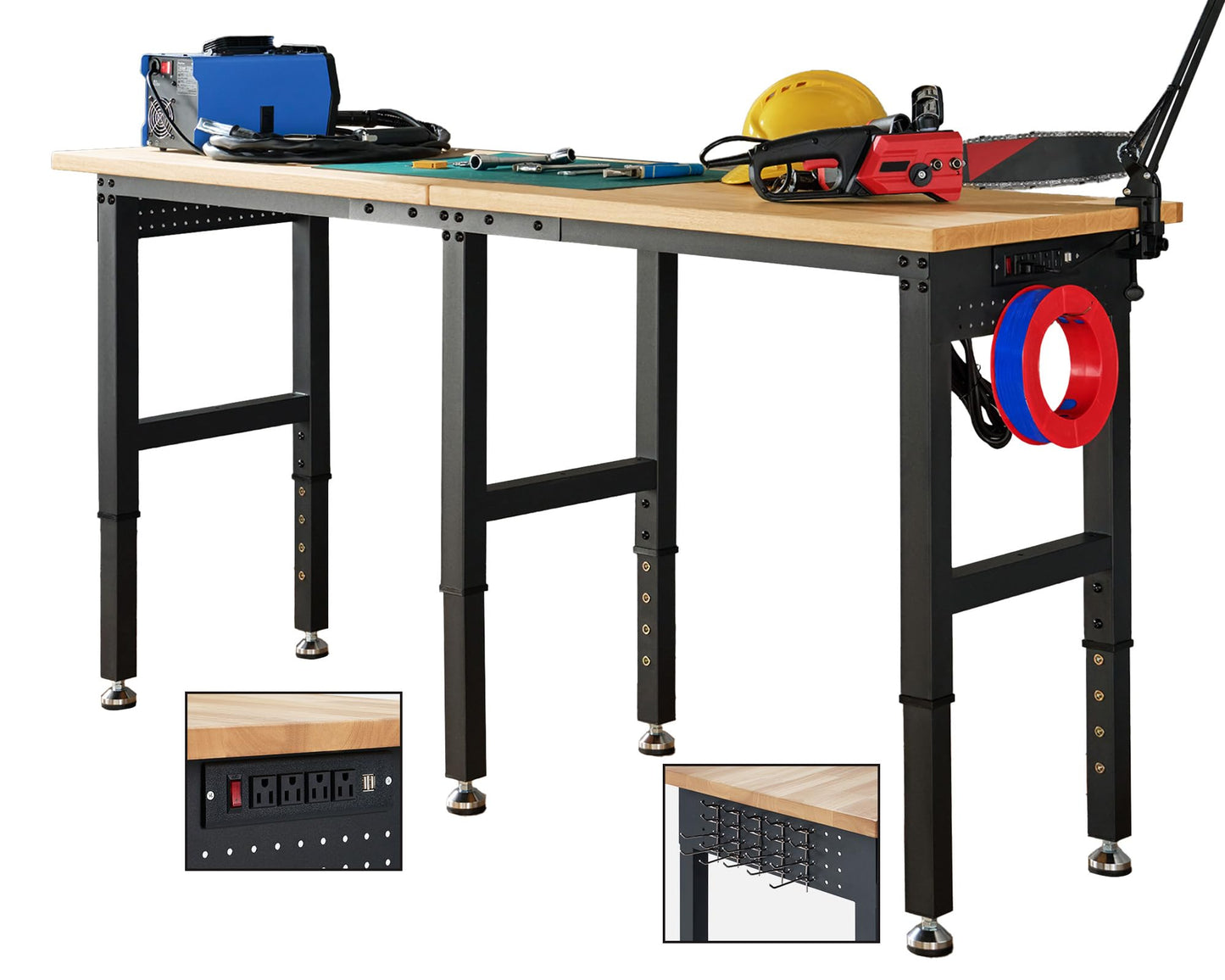 Albott 72x24“ Adjustable Workbench 28.7-38.6" Height, Rubber Wood Top Heavy Duty Workbench with Power Outlets & Hooks, 5000 LB Capacity Workbench for Garage, Workshop, Home & Office - WoodArtSupply