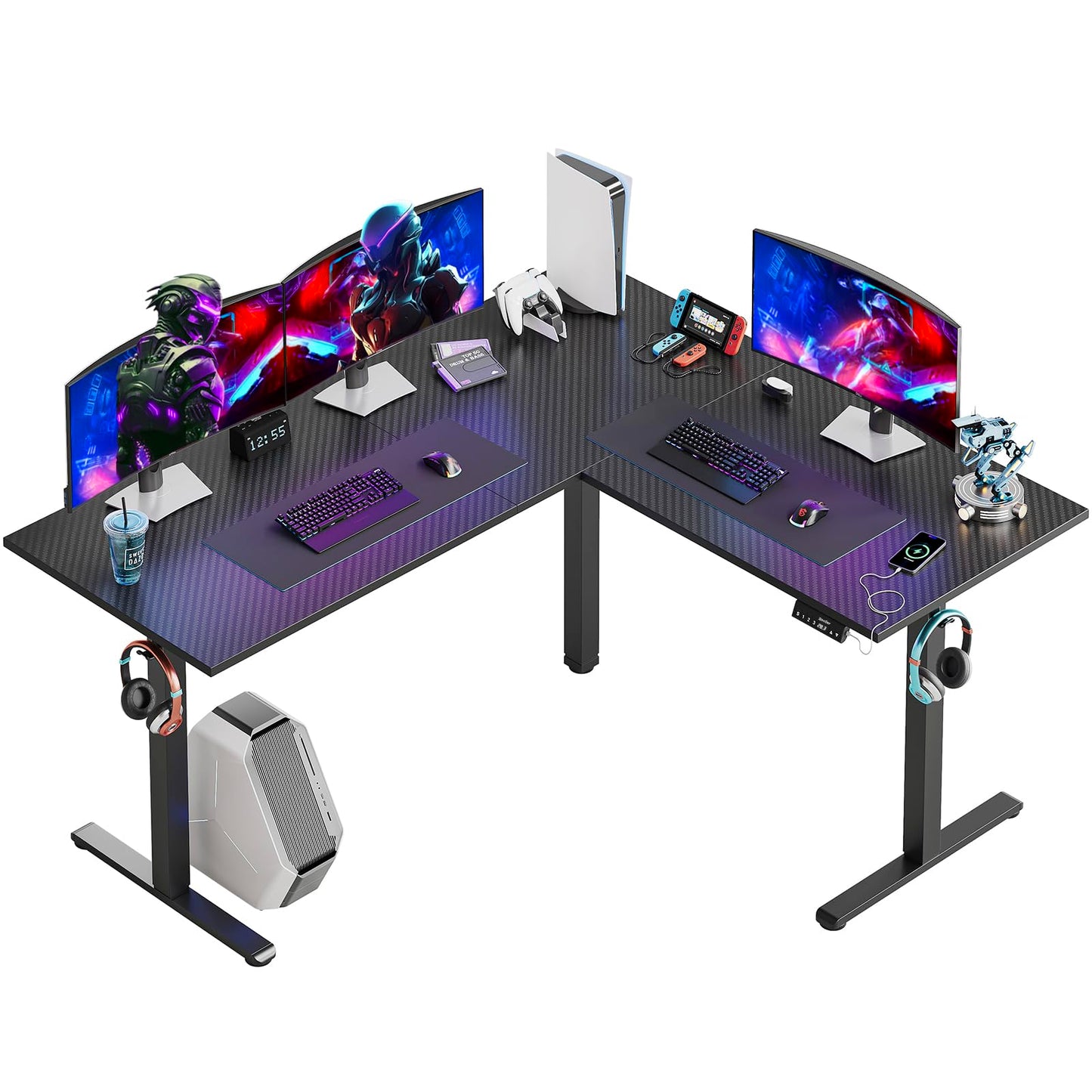 Bestier L-Shaped Standing Desk Adjustable Height, 63 x 55 inch Large Corner Stand Up Desk, Dual Motor Sit Stand Raising Gaming Desk Computer Workstation with 2 Headphone Hooks, Black 3D Carbo - WoodArtSupply