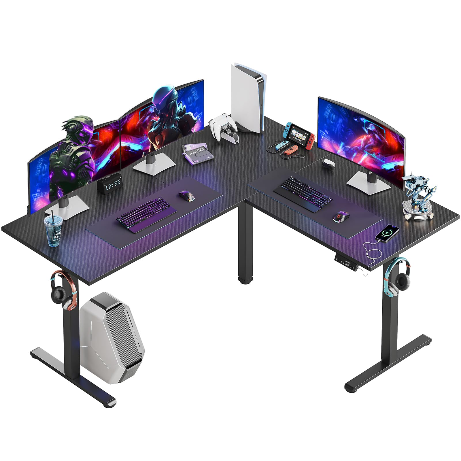 Bestier L-Shaped Standing Desk Adjustable Height, 63 x 55 inch Large Corner Stand Up Desk, Dual Motor Sit Stand Raising Gaming Desk Computer Workstation with 2 Headphone Hooks, Black 3D Carbo - WoodArtSupply