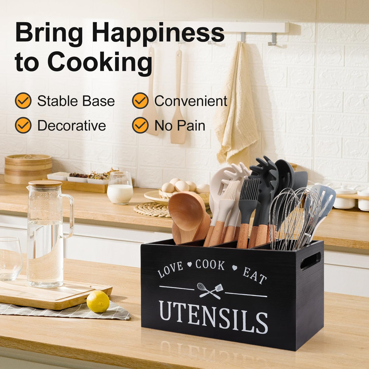 Black Farmhouse Utensil Holder for Kitchen Counter Extra Large Cooking Utensil Holder Caddy Utensils Storage Organizer for Countertop Rustic Wood Kitchen Tool Decor Utensil Crock Spatula Holder Renawe