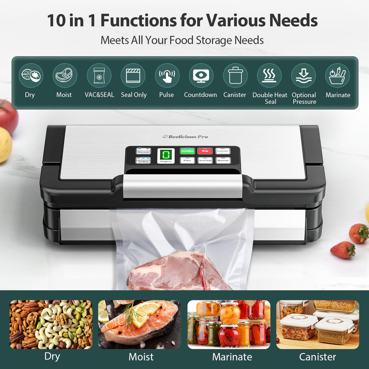 Precision Vacuum Sealer Machine Pro, 2X Seal & 130W Pump Powerful Vacuum Sealer for Food,10-in-1 Functions with Handle Design, Built-in Cutter&Bags Storage&Hose, 2 Bags Rolls, Stainless Steel Beelicious Pro